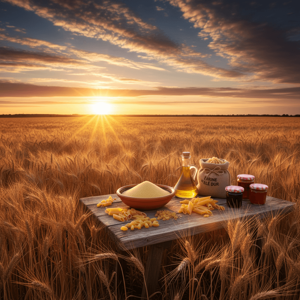 Champs de blé algériens au coucher du soleil